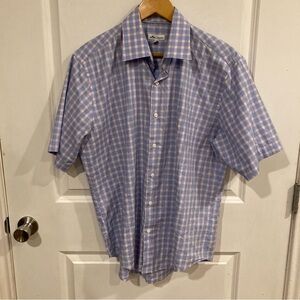 Peter Millar Shirt Mens Large‎ Blue & Pink Short Sleeve Plaid Cotton Button Up